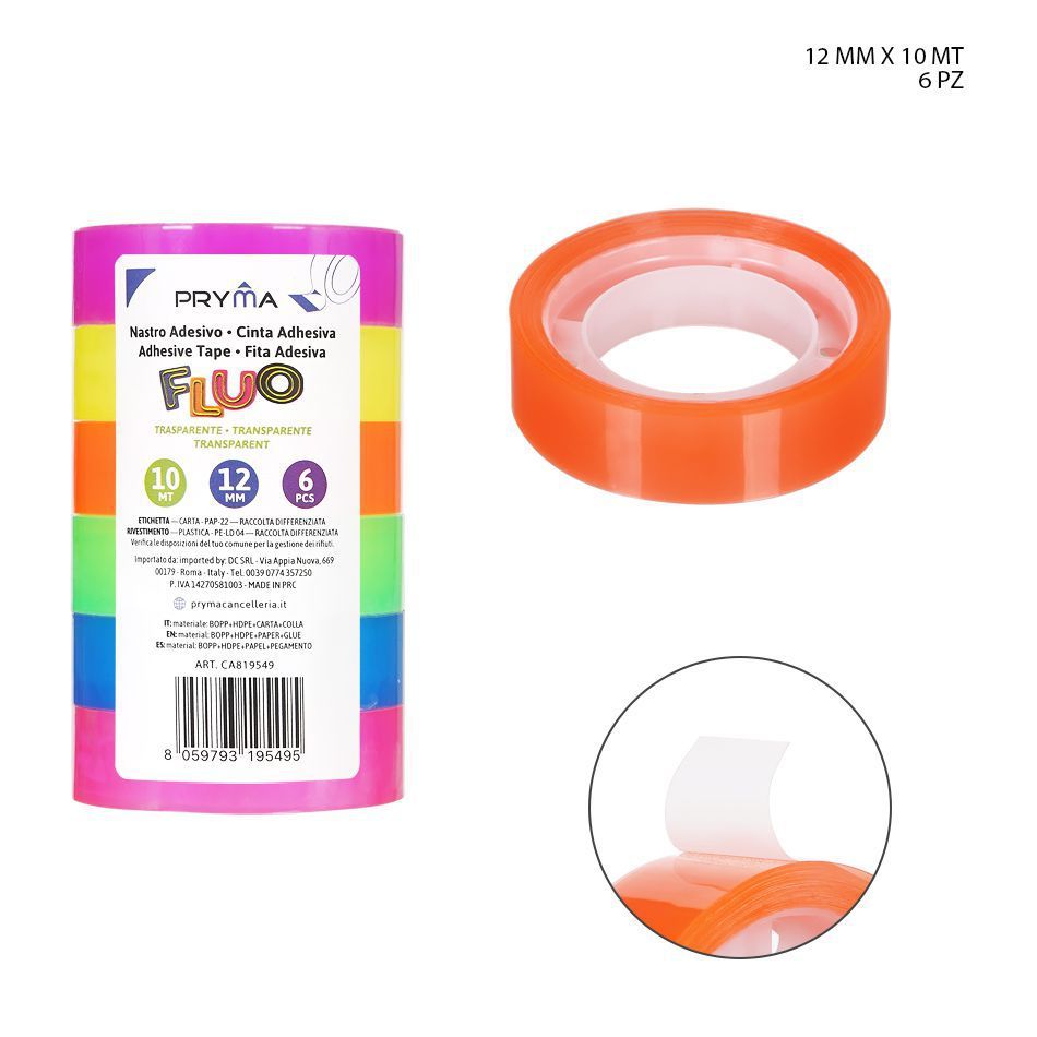 Cinta adhesiva flúo transparente 12mm x 10m 6 PZ - Suministros de oficina