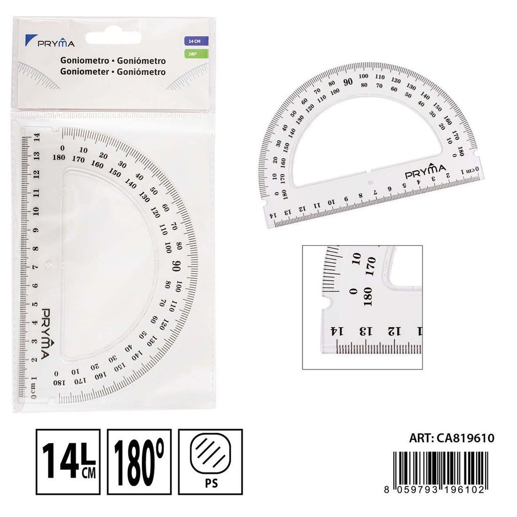  Transportador transparente 14 cm 180° - Artículos de papelería
