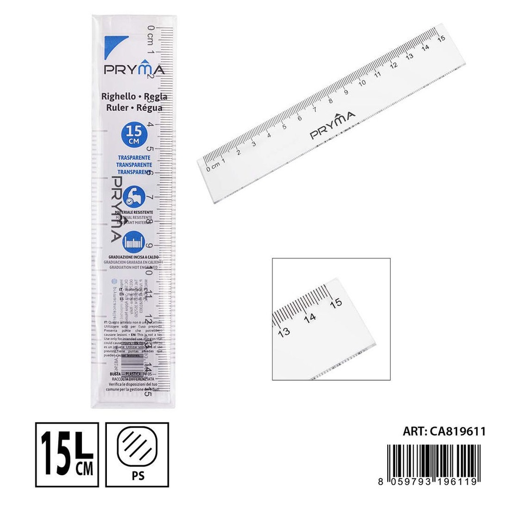 Regla transparente 15cm para material escolar