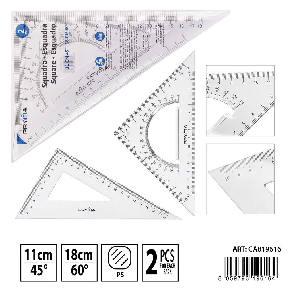Escuadra 11cm 45° / 18cm 60° 2pz - Herramientas de escritorio