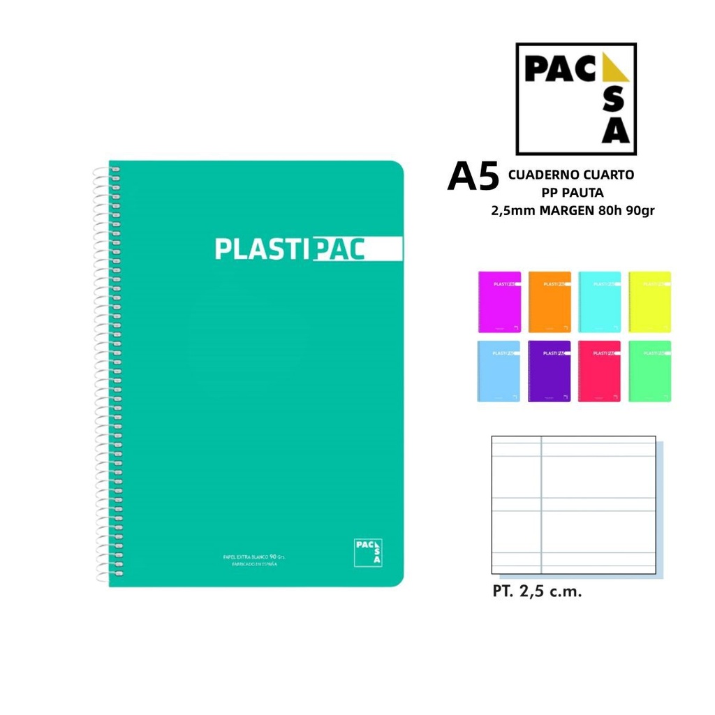 Cuaderno A5 de plástico 80 páginas pautado 2,5 mm - Papelería