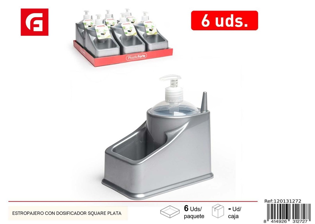 Estropajero con dosificador square plata - Cocina y organización