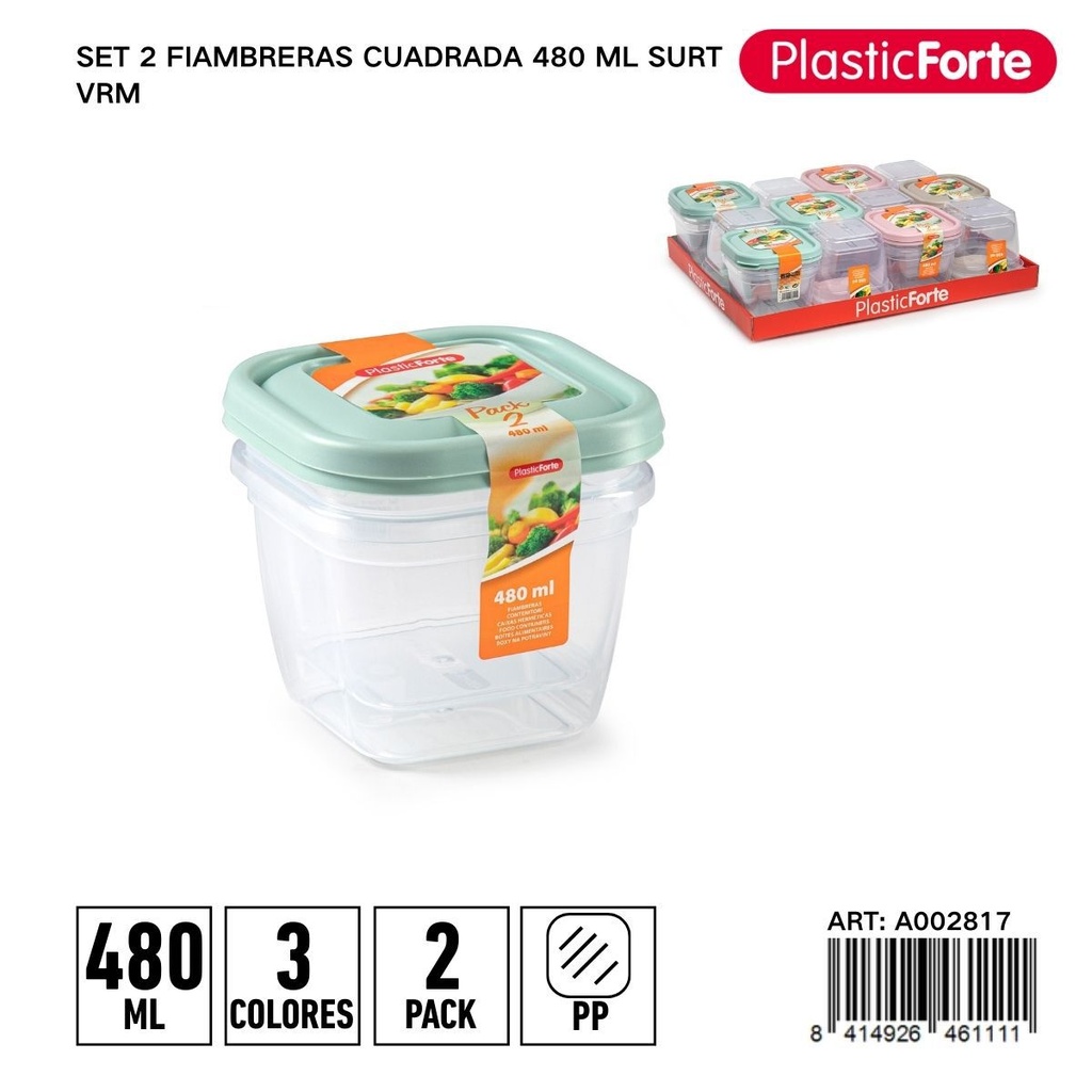 Set de 2 fiambreras cuadradas 480ml surtidas para alimentos