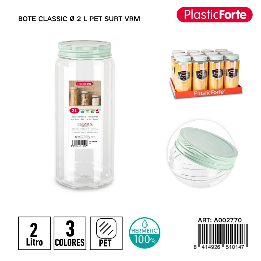 Bote plástico Classic 2L PET surtido colores para almacenamiento