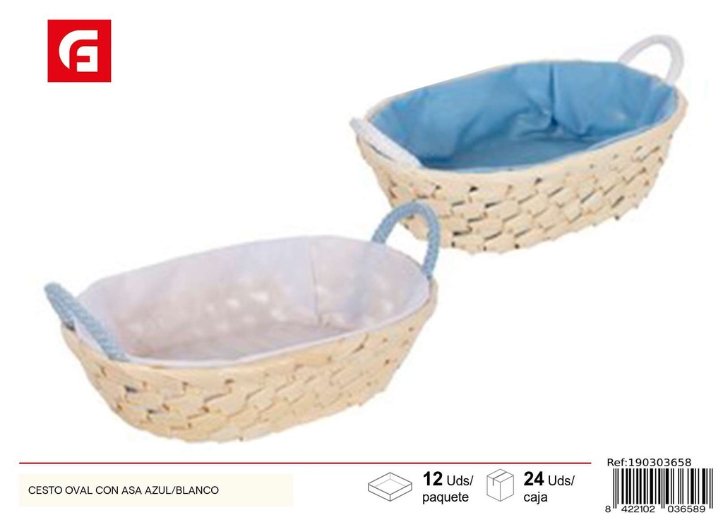 Cesto ovalado con asa azul y blanco - Decoración del hogar