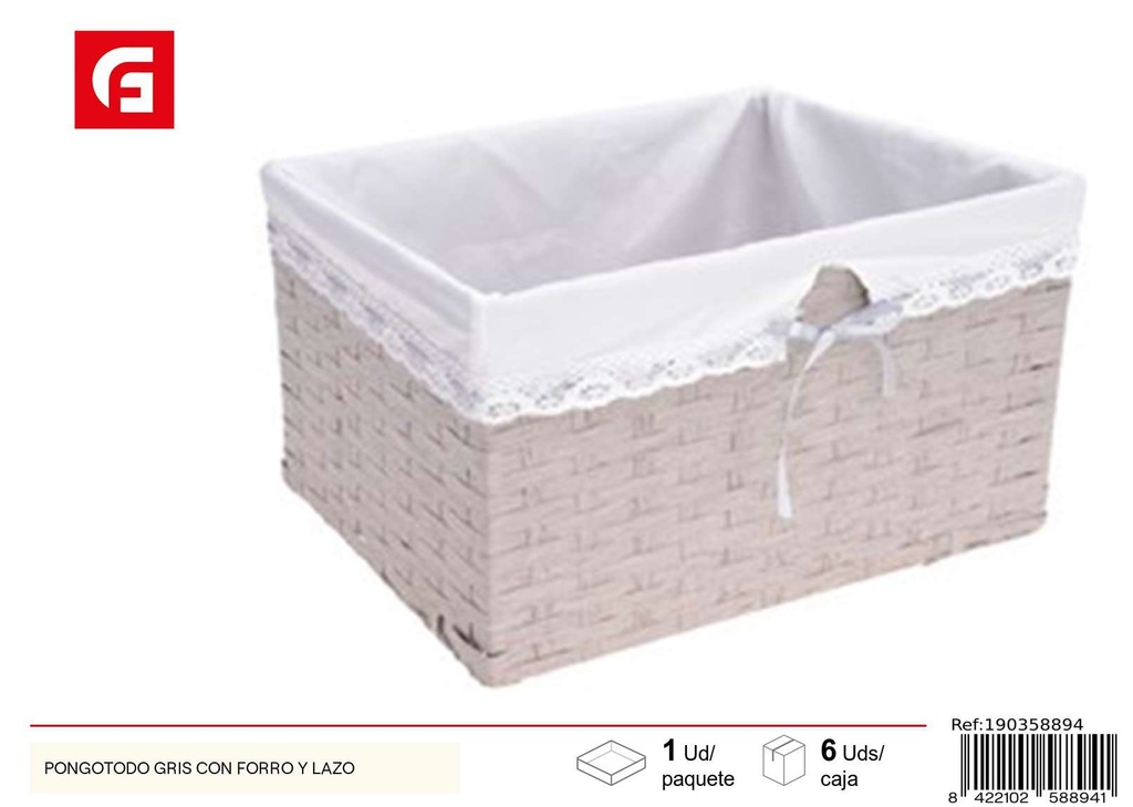 Cesta de mimbre gris con forro y lazo - Decoración del hogar