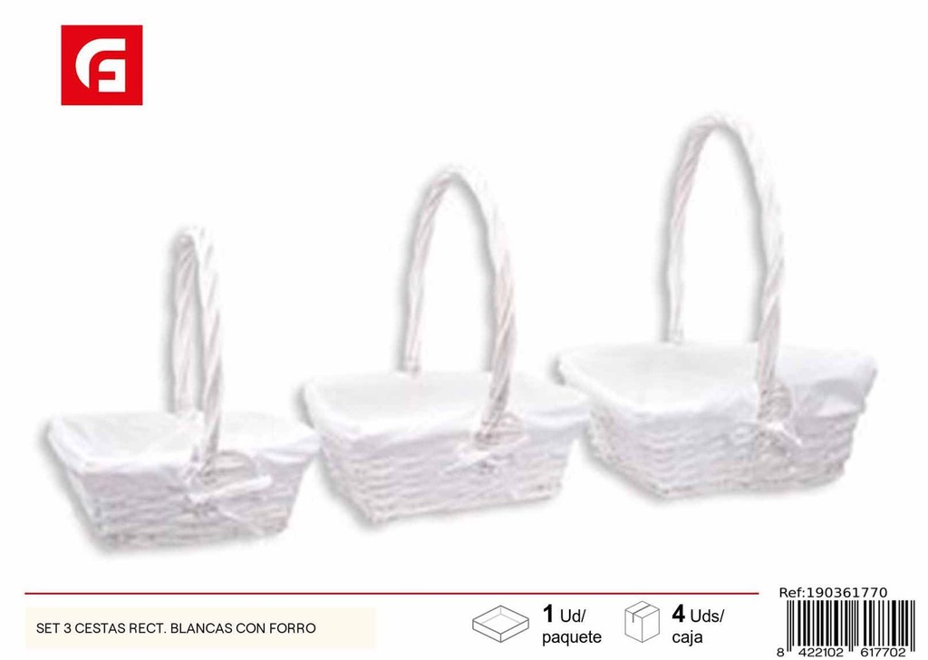 Set de 3 cestas rectangulares blancas con forro - Decoración del hogar