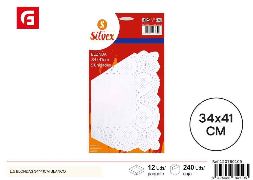 Plato Desechable L.5 Blondas 34x41cm Blanco - Artículos desechables