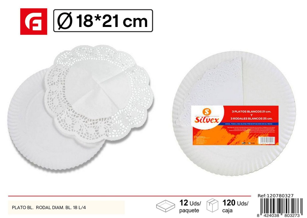 Plato de papel blanco 18x21cm con rodal - Artículos desechables