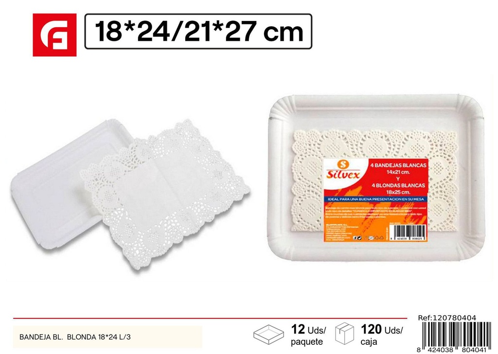Bandeja desechable blanca con blonda 18x24cm set 3 para fiestas