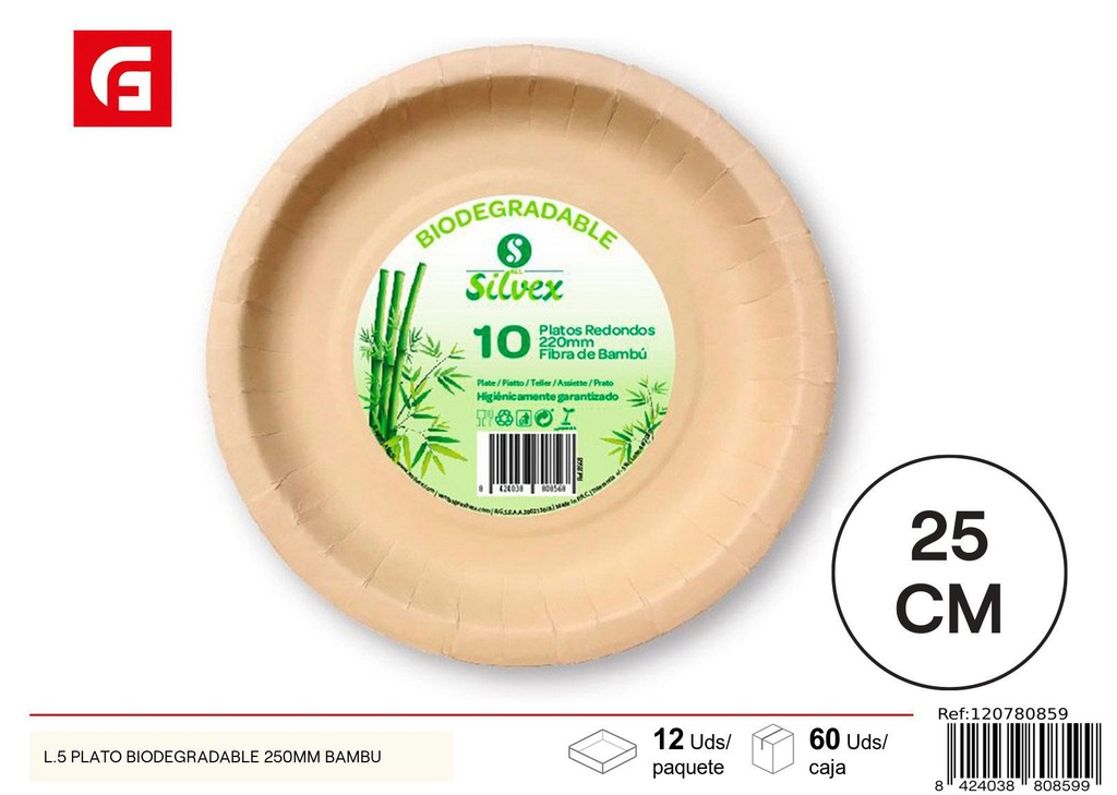 Plato biodegradable 250mm bambú - Desechables