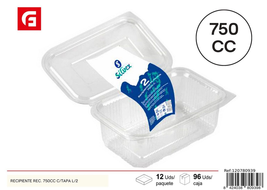 Recipiente para alimentos 750 cc con tapa 2 unidades - Utensilios desechables