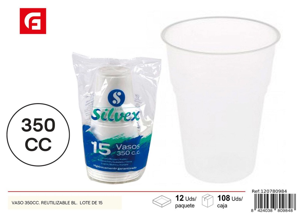Vaso 350cc Reutilizable Lote de 15 - Vasos desechables