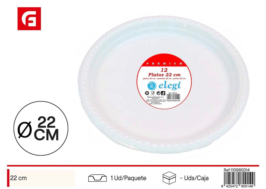Plato desechable premium blanco 22cm 12uds - Artículos desechables para fiestas