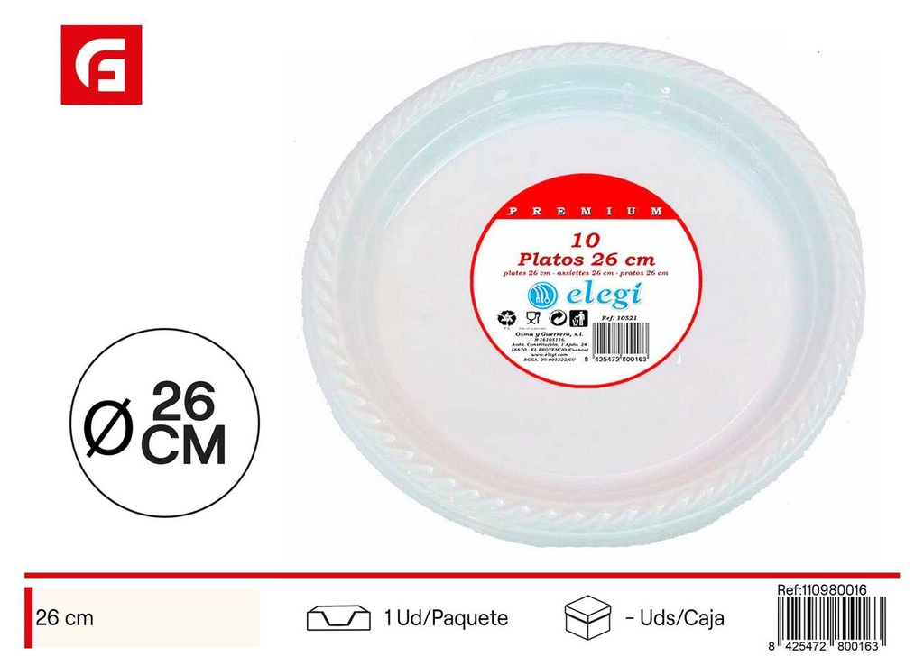 Plato desechable 26cm 10ud blanco - Vajilla desechable