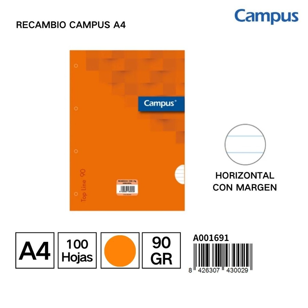  Recambio de papel A4 de 100 hojas 90g rayado en naranja - Artículos de escritura