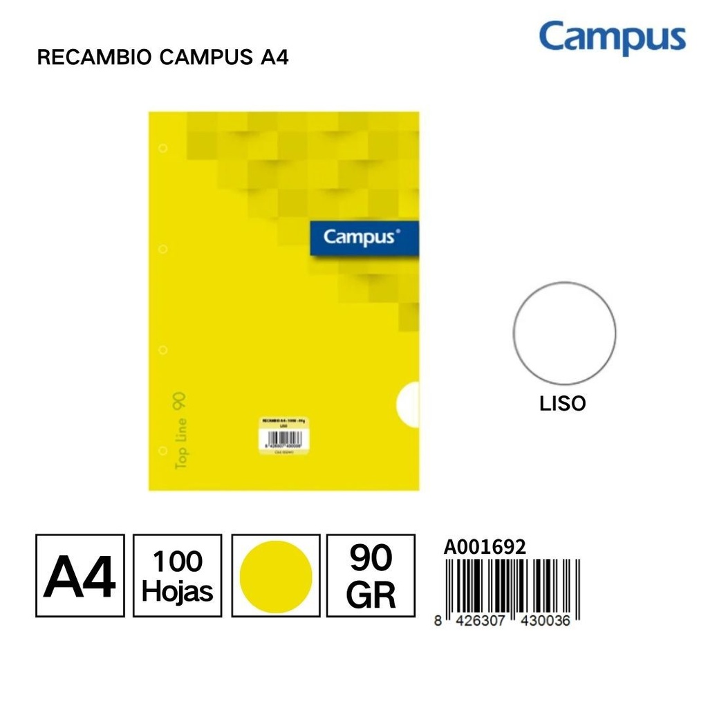Cuaderno A4 4 agujeros liso 100 hojas 90g recambio