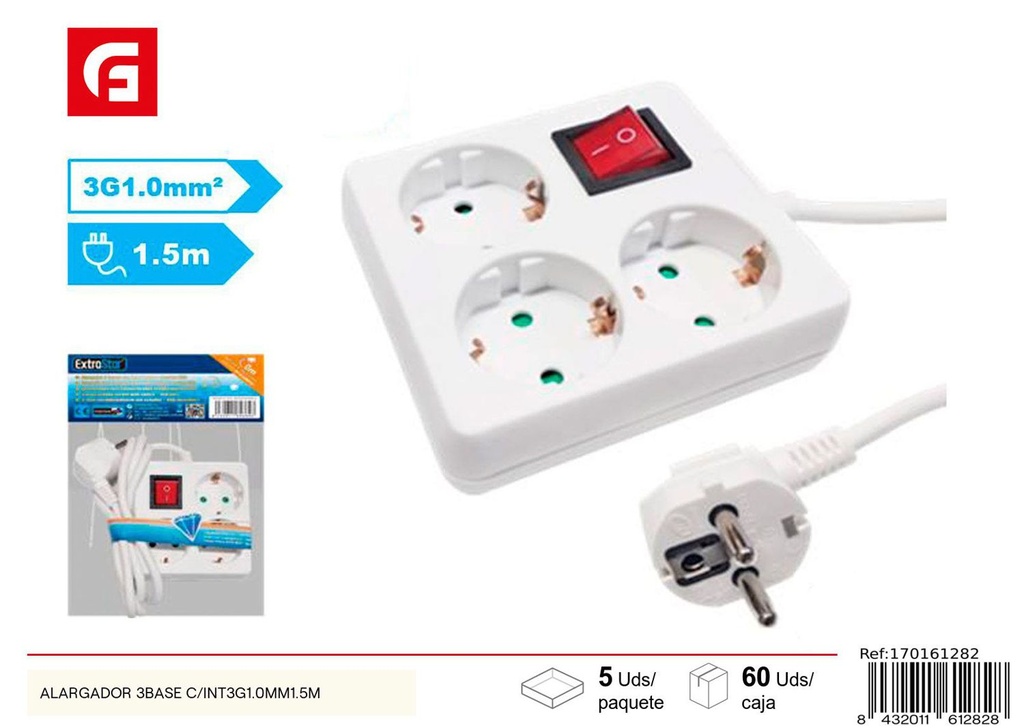 Regleta con 3 bases y cable 1.5m - Material eléctrico