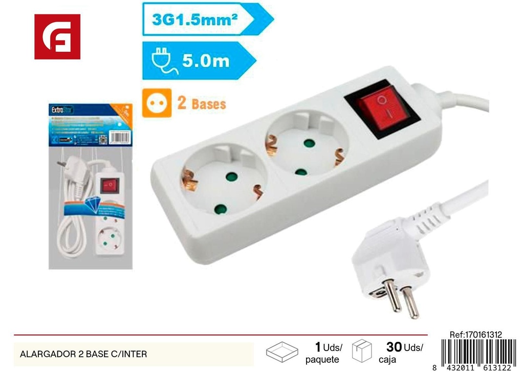 Alargador 2 bases con interruptor - Accesorios eléctricos