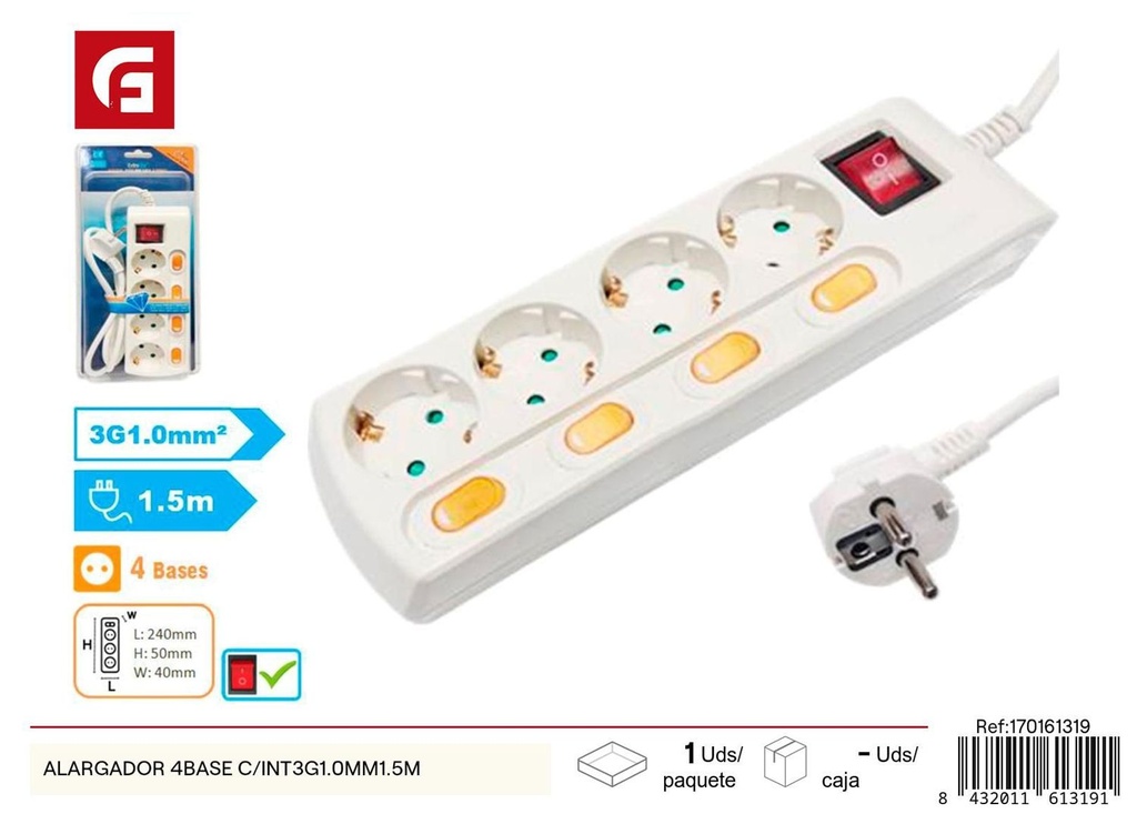 Alargador 4 base c/int 3G1.0MM 1.5M - Suministros eléctricos