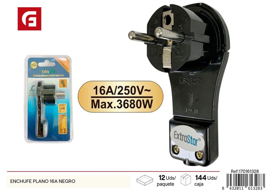 Enchufe plano 16A negro - Accesorios eléctricos
