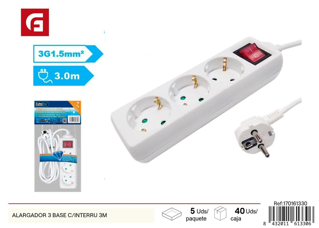 Alargador 3 bases con interruptor 3M - Regletas eléctricas