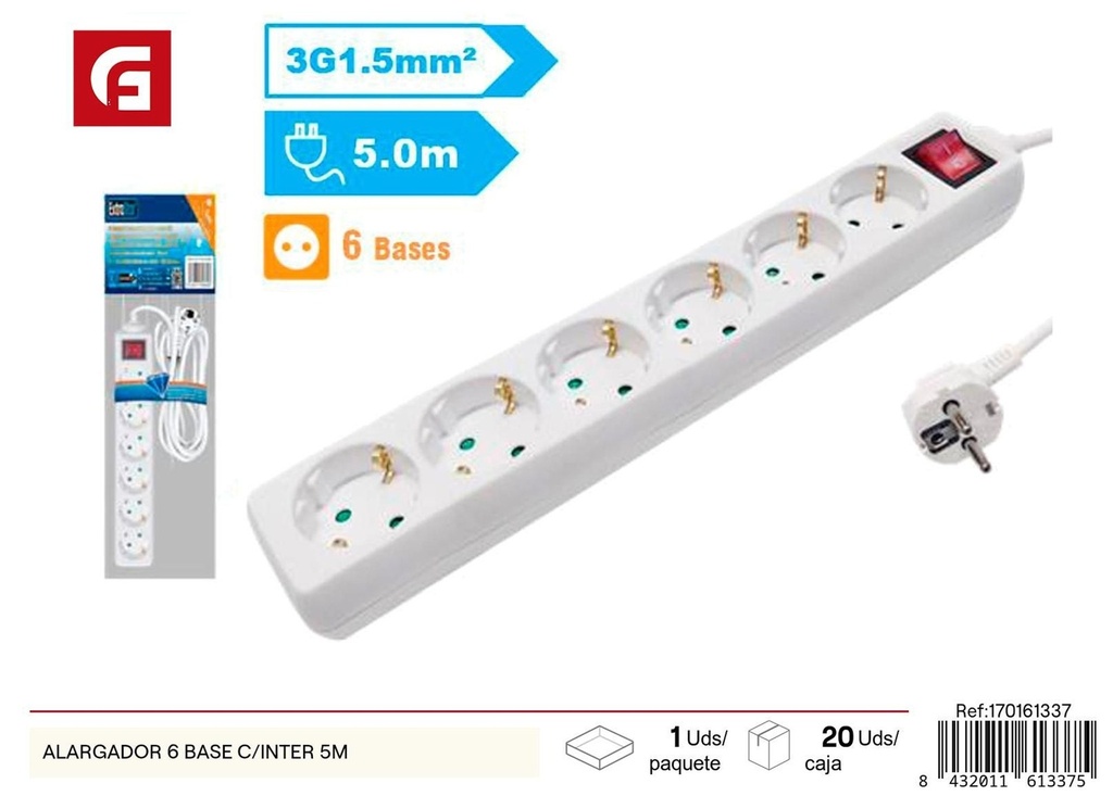 Alargador 6 bases con interruptor 5m para electricidad y enchufes