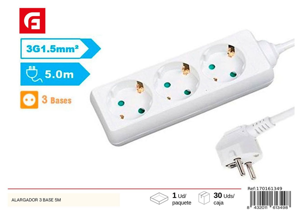 Alargador de 3 bases 5 m - Suministros eléctricos