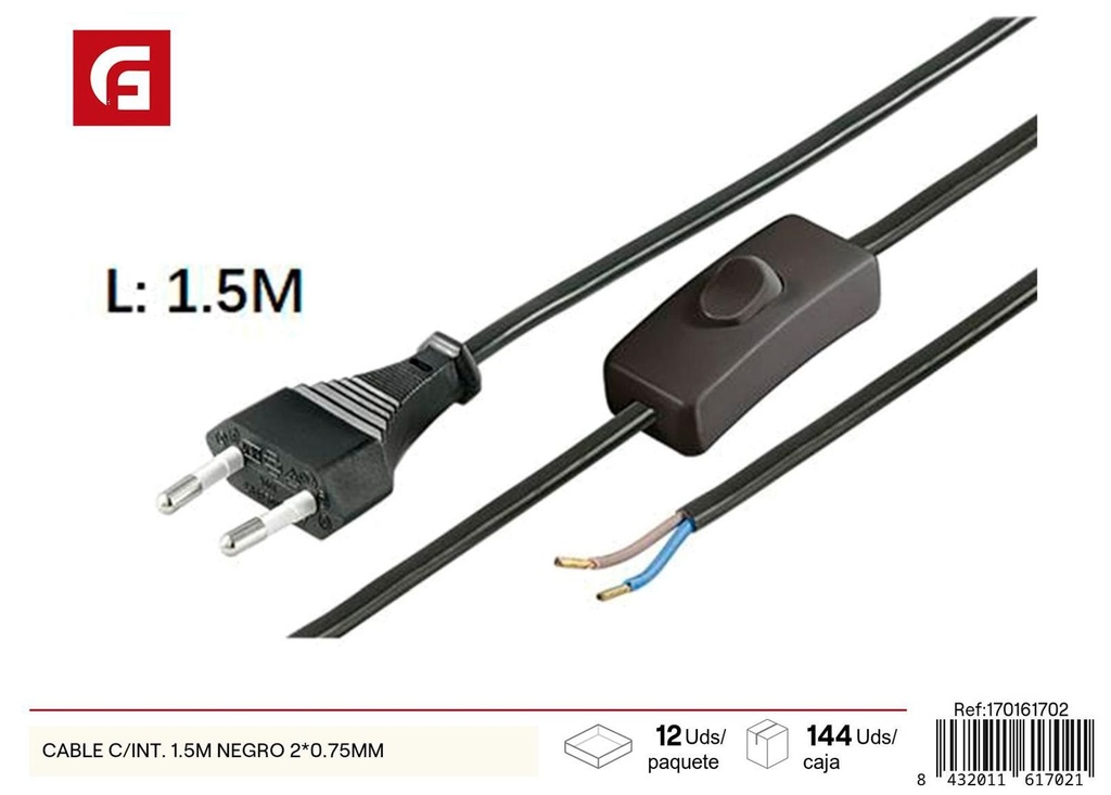Cable con enchufe 1.5m negro 2*0.75mm - Electricidad y suministros