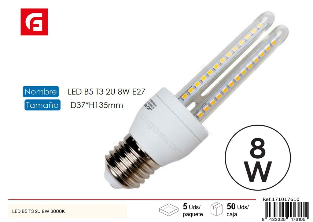 Bombilla LED en forma de U 2U E27 8W 3000K - Luz cálida para espacios