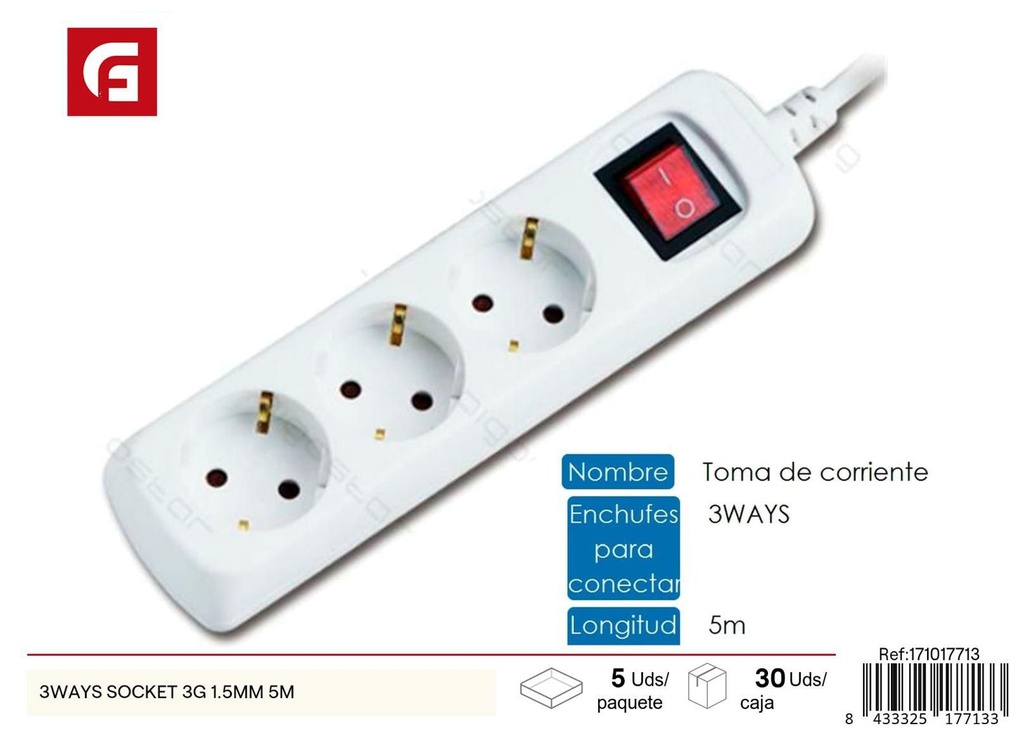 Regletas 3 vías socket 3G 1.5 mm 5 m - Suministros eléctricos