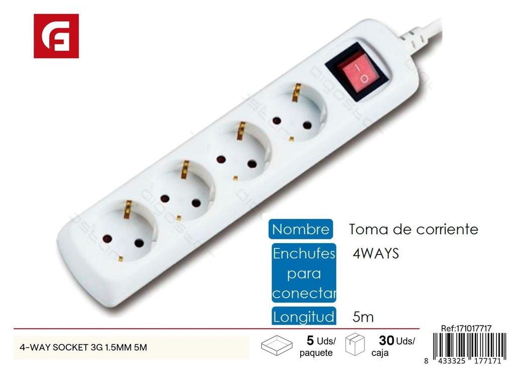 Regleta de 4 tomas con interruptor, 1.5mm, 5 metros - Suministros eléctricos
