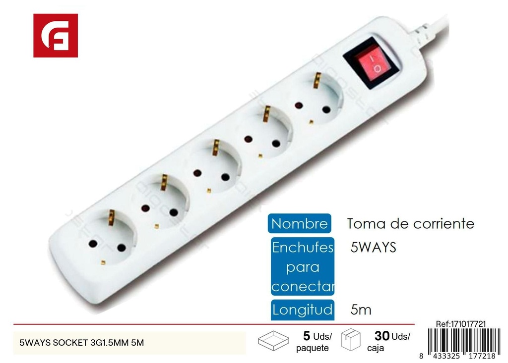 Regleta de 5 enchufes 3G1.5MM 5M - Accesorios eléctricos