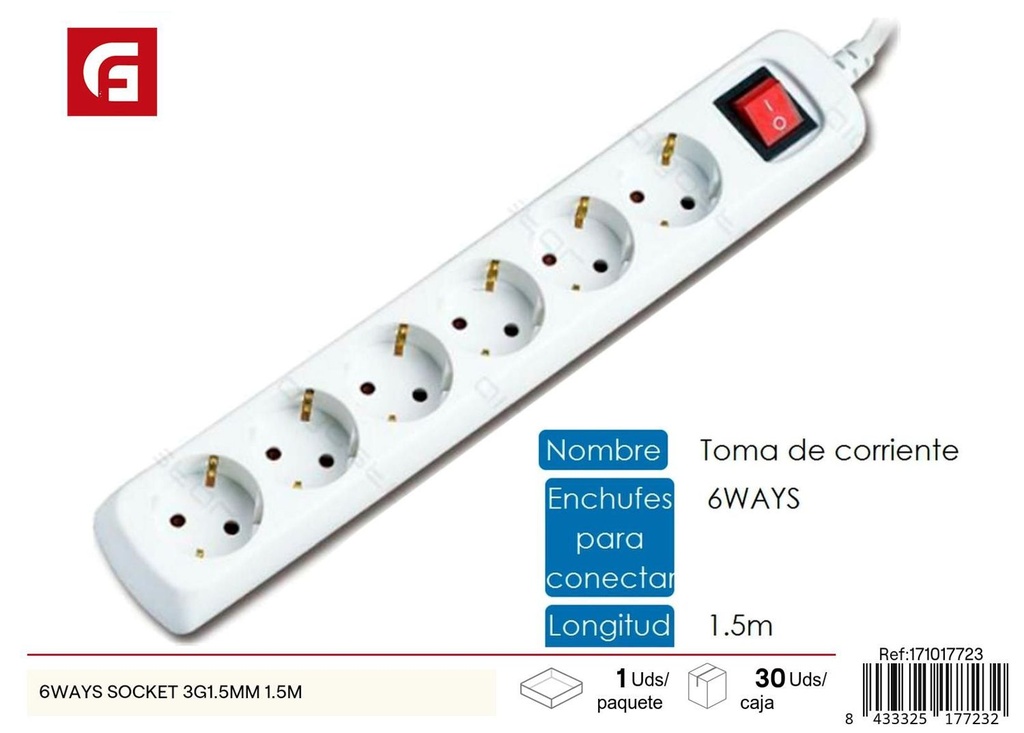 Regleta 6 enchufes 1.5M blanca - Suministros eléctricos
