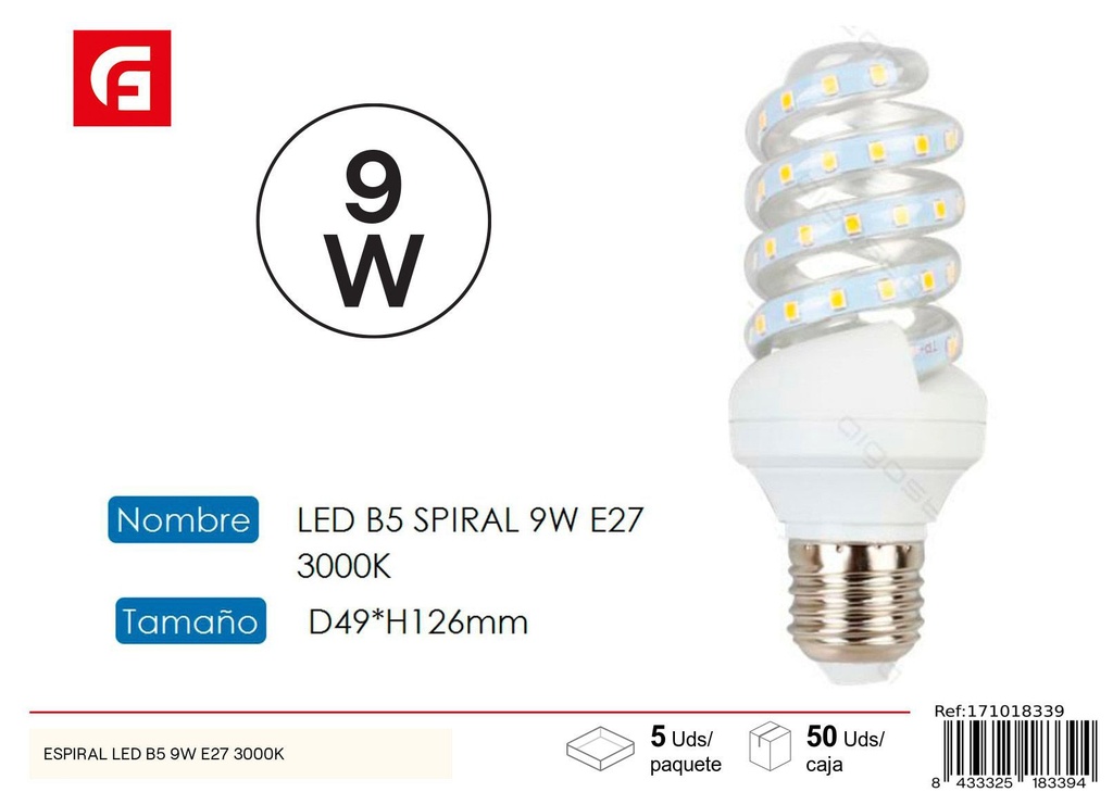 Bombilla LED espiral E27 9W 3000K para iluminación