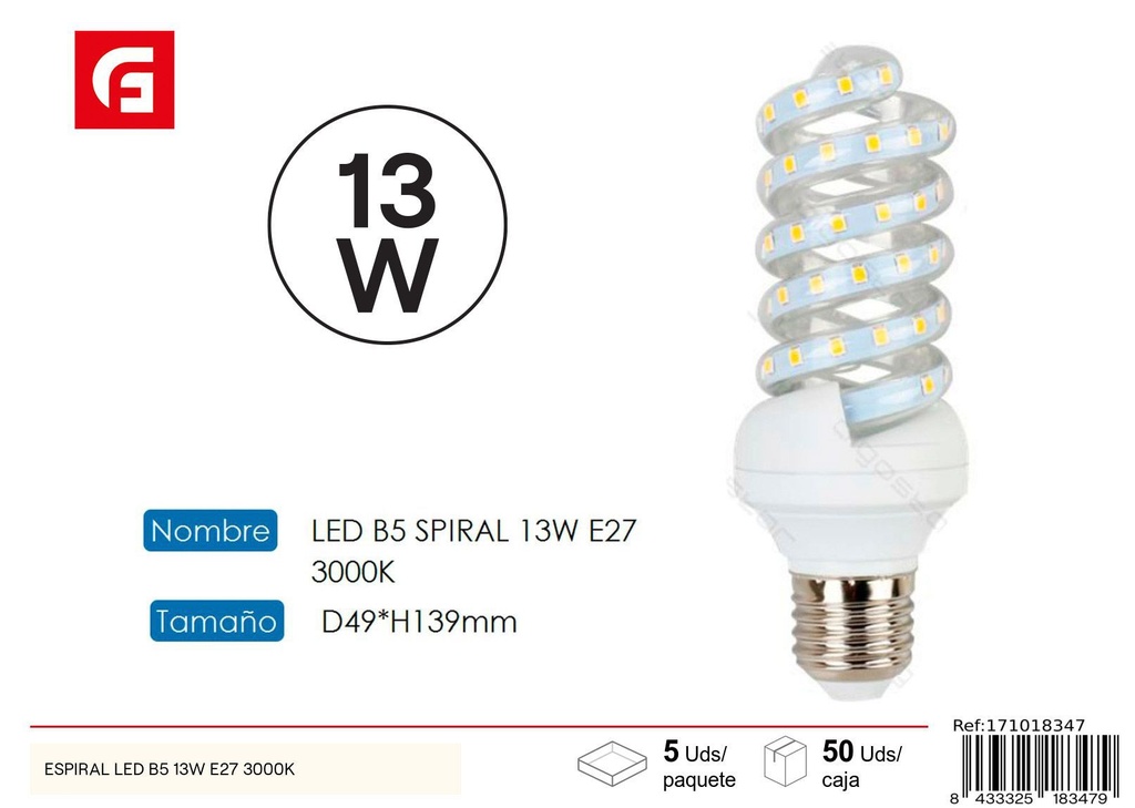 Bombilla LED espiral E27 13W 3000K - Iluminación