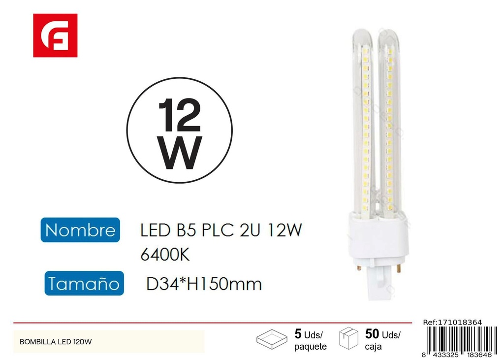 Tubo LED PLC 2U 12W 6500K - Bombilla LED para iluminación