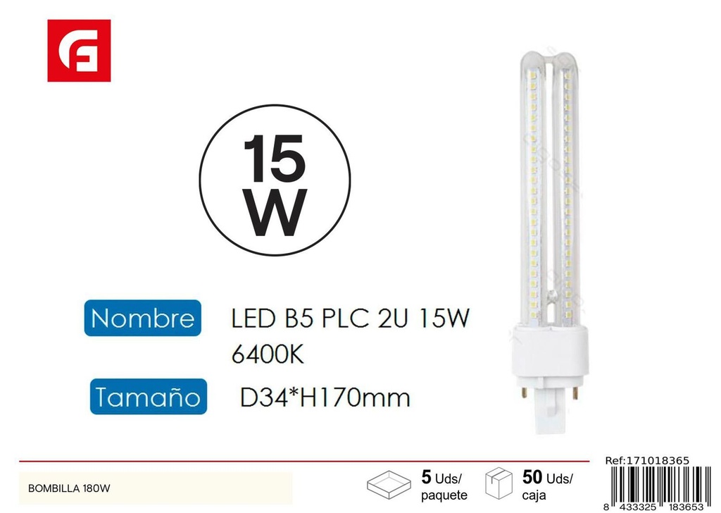 Tubo LED PLC 2U 15W 6500K - Bombillas y iluminación LED
