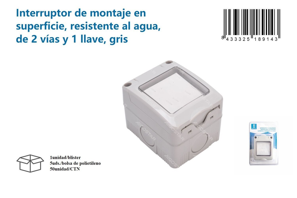Interruptor de superficie resistente al agua de 2 vías y 1 clave gris - Material eléctrico