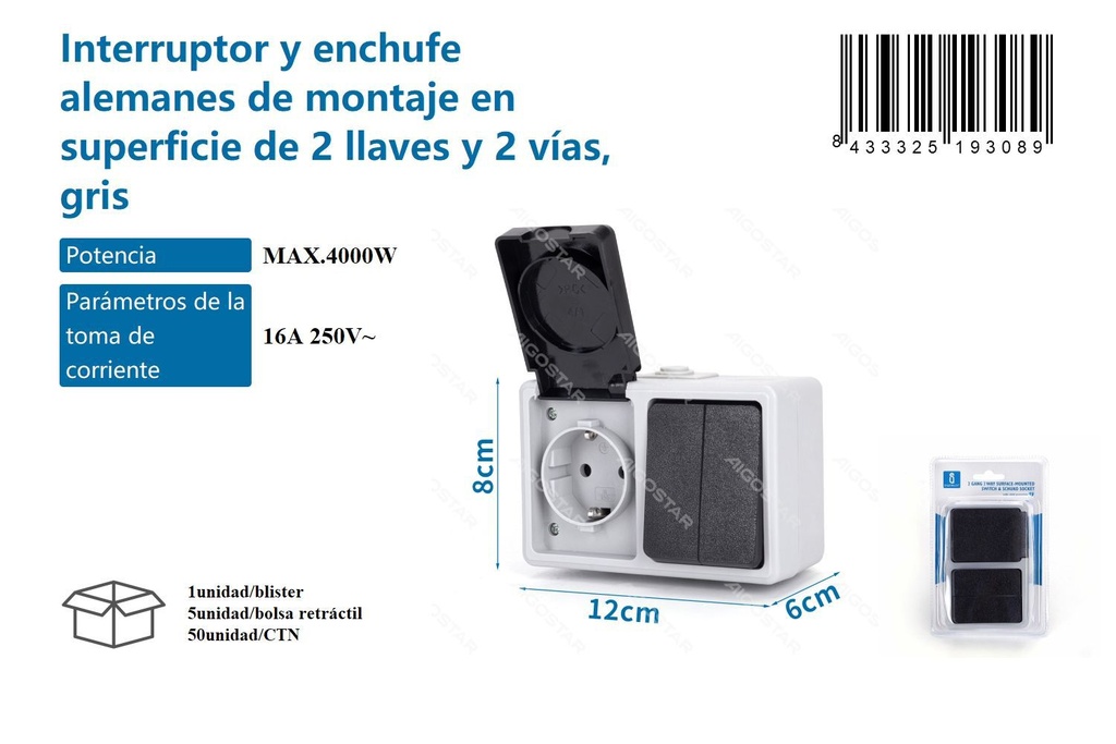  Interruptor y enchufe alemanes de superficie de 2 llaves y 2 vías - Accesorios eléctricos