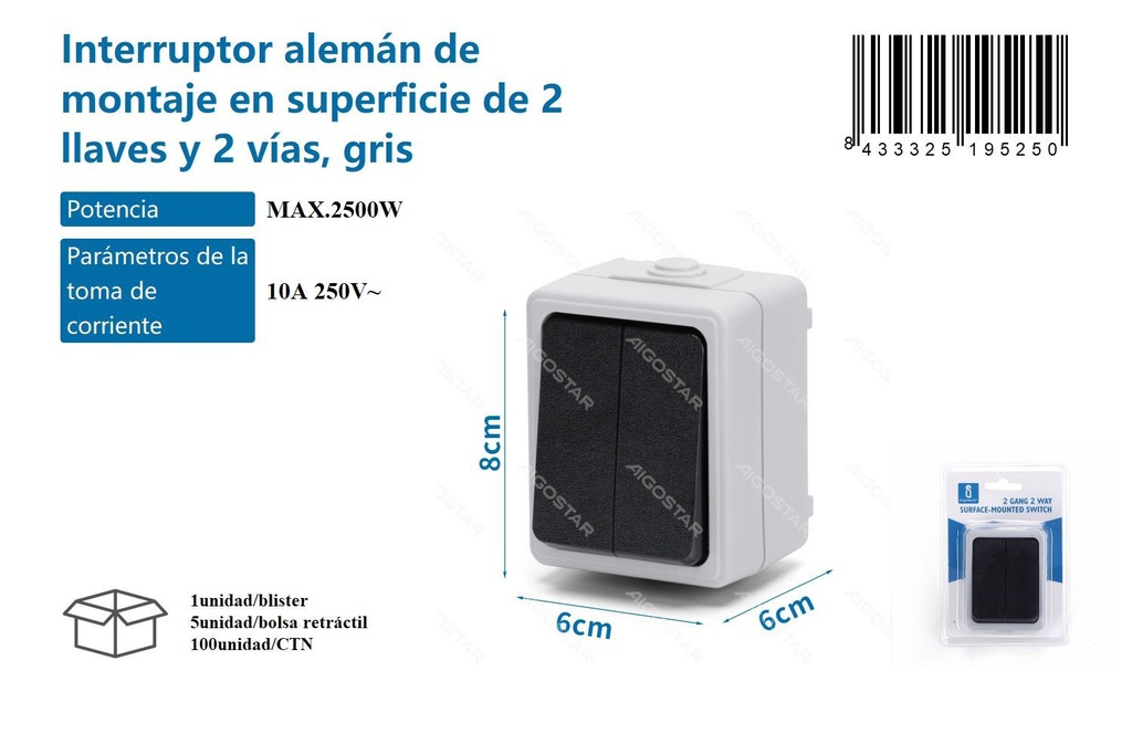 Interruptor alemán de superficie 2 llaves y 2 vías gris - Suministros eléctricos