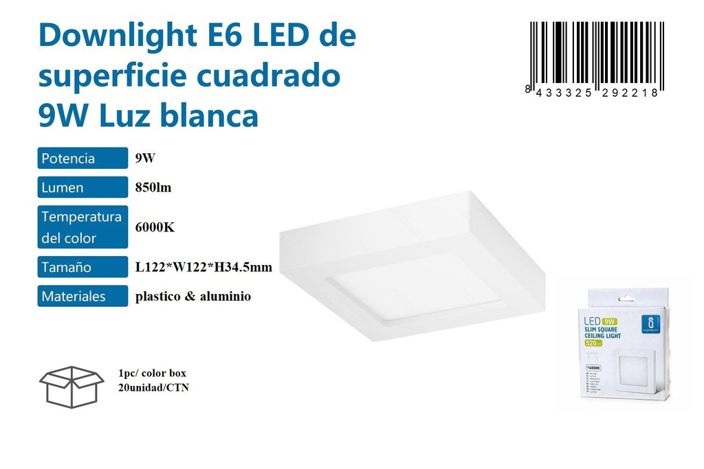 Luz LED E6 de superficie cuadrado 9W 6000K - Iluminación y lámparas