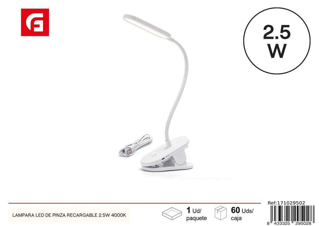 Lámpara LED de pinza recargable 2.5W 4000K - Iluminación de mesa