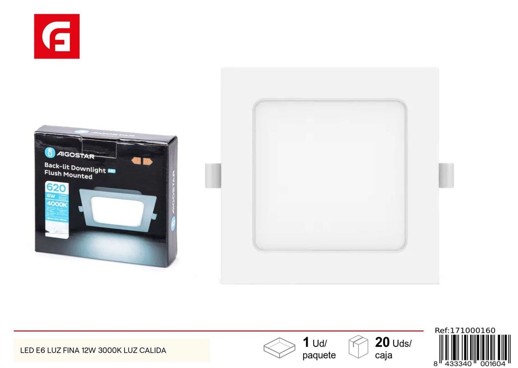 Bombilla LED E6 luz fina 12W 3000K luz cálida - Iluminación