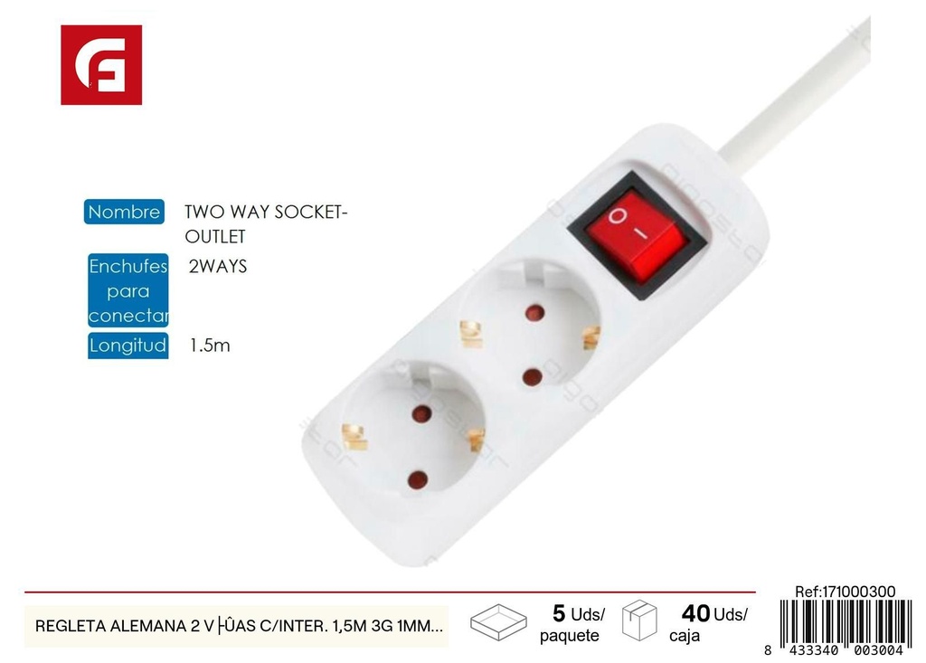 Regleta alemana 2 vías con interruptor 1.5 m - Accesorios eléctricos