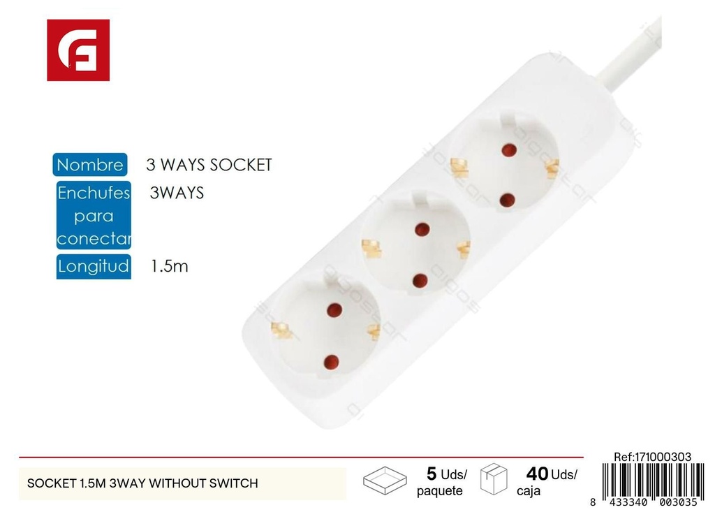 Socket 1.5m 3way sin interruptor para electricidad