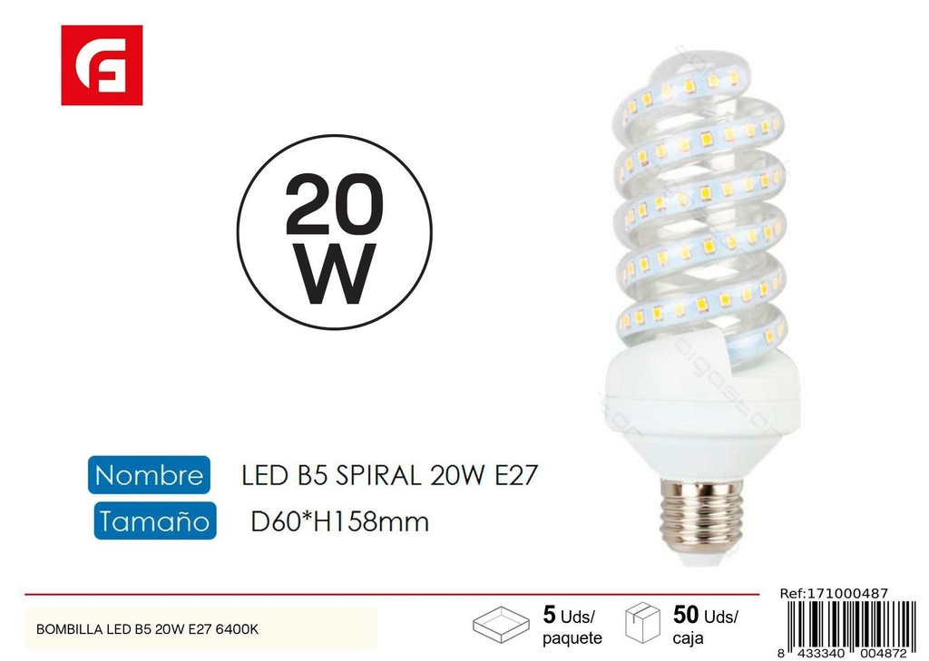 Bombilla LED espiral E27 20W 6500K - Iluminación