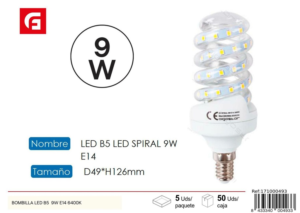 Bombilla LED espiral E14 9W 6500K - Iluminación