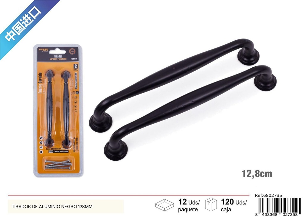 Tirador de aluminio negro 128mm - Accesorio para muebles