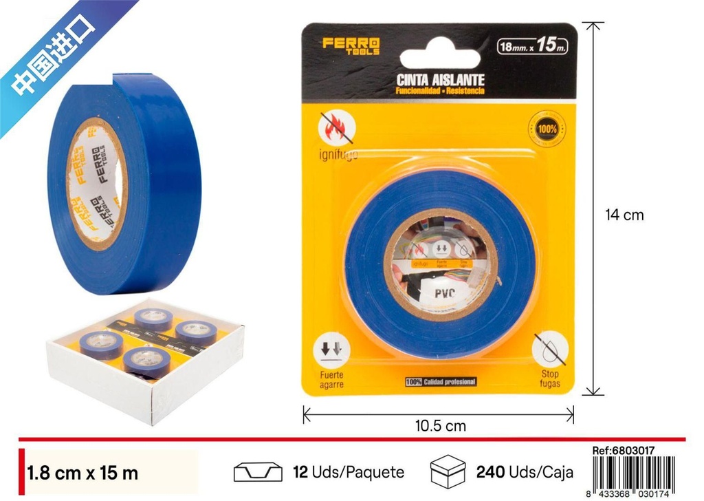 Cinta aislante antiflama azul 18mm x 15m - Herramientas y adhesivos